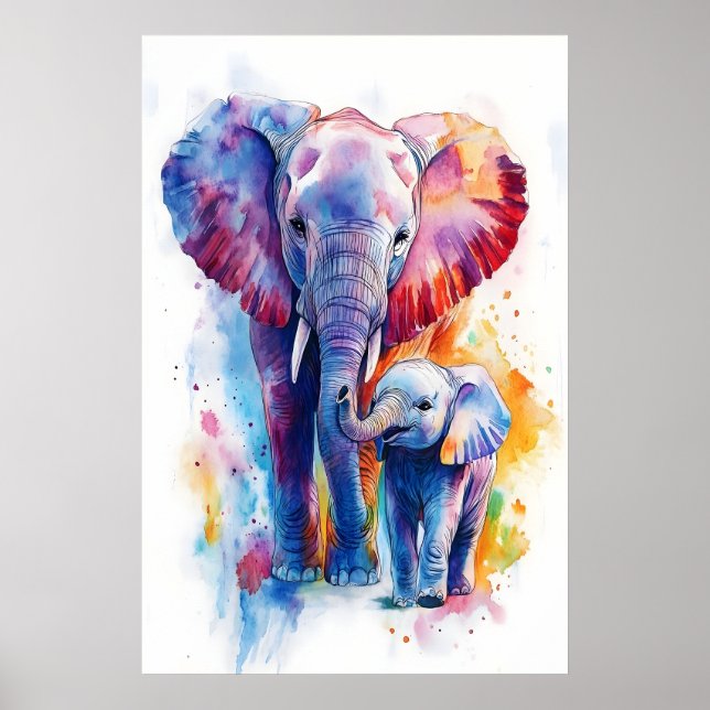 Elephant Mama and Baby Watercolor Print, Nursery Poster (Front)