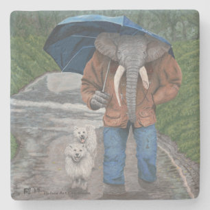 Elephant Man Dog Walking Fantasy Art Stone Coaster