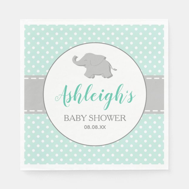 Elephant Mint Green Grey Polka Dot Baby Shower Napkin (Front)