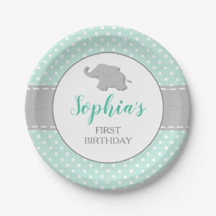 Elephant Mint Green Polka Dot 1st Birthday Party Paper Plate