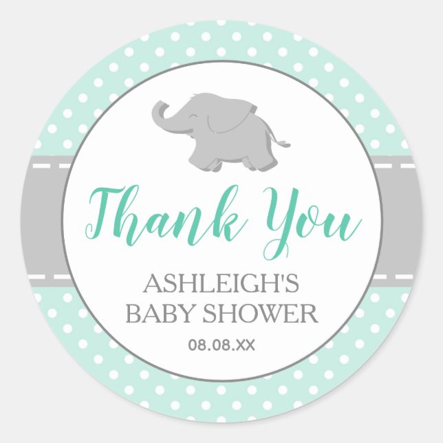 Elephant Mint Green Polka Dot Baby Shower Classic Round Sticker (Front)