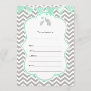 Elephant mint green silver invitation