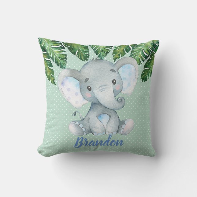 Elephant Mint Green Tropical Boy Nursery Decor Cushion (Front)
