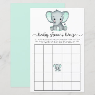 Elephant Mint Watercolor Baby Bingo Shower Game