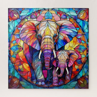 Elephant Mom and Baby in Stained Glass Jigsaw Puzzle