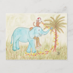 Elephant & Monkey Stringing Christmas Lights Postcard