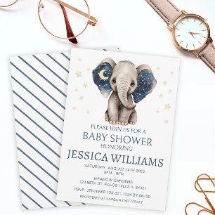 Elephant moon and stars baby boy shower invitation