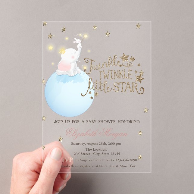 Elephant,Moon,Glitter Stars Striped Baby Shower Acrylic Invitations (Insitu (Handheld))