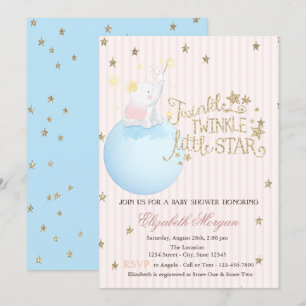 Elephant,Moon,Glitter Stars Striped Baby Shower Invitation