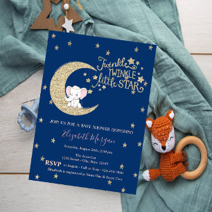 Elephant,Moon,Glitter  Twinkle Star Baby Shower Invitation