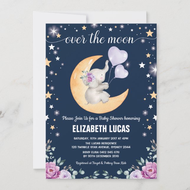 Elephant Moon Twinkle Little Stars Baby Shower Invitation (Front)