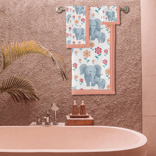 Elephant mother and baby coral border Mother's Day Bath Towel Set