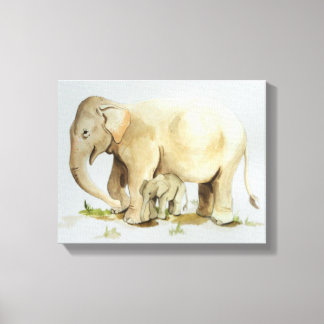 Elephant Mother and Baby Watercolor 14x11 Canvas Print