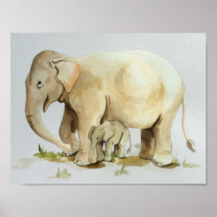 Elephant Mother and Baby Watercolor Print 11x8.5