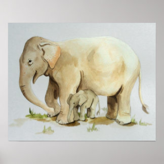 Elephant Mother and Baby Watercolor Print 20x16