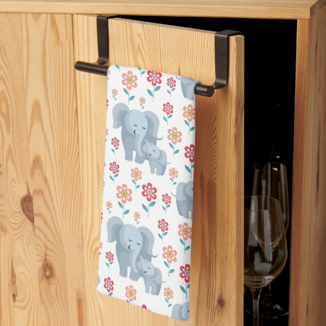 Elephant mother, baby flowers pattern Mother's Tea Towel (Thirds Fold)