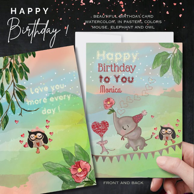 Elephant, Mouse &owl illustration  Birthday Card (Elephant, Mouse &owl illustration Birthday Card )
