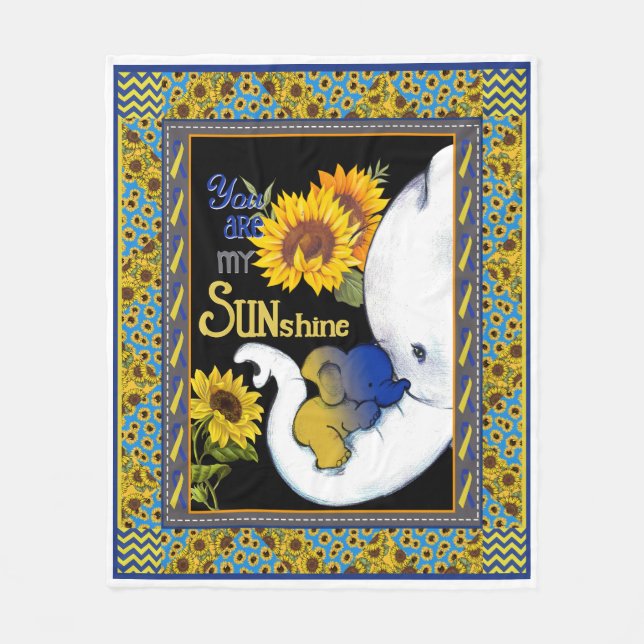 Elephant Mum And Baby Sunflower You're My Sunshine Fleece Blanket (Front)