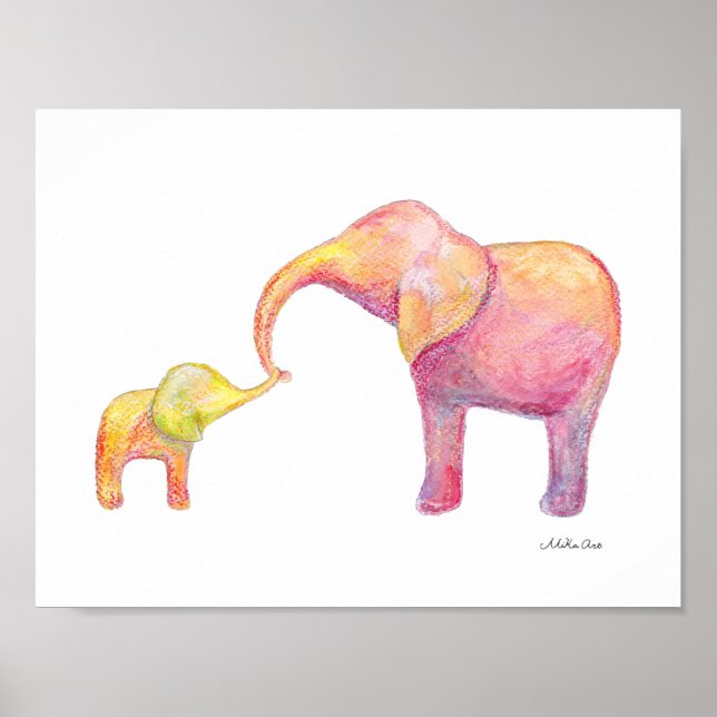Elephant Mum & Baby Nursery Art Watercolor Animal Poster (Front)