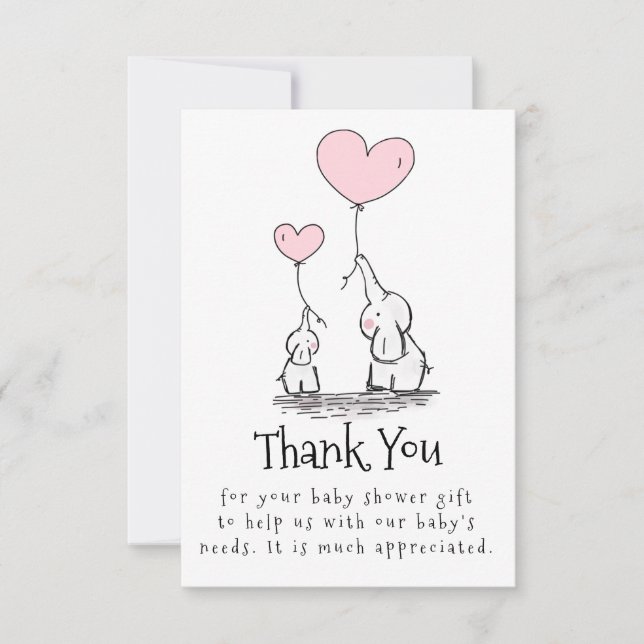 Elephant Mummy and Baby With Balloons Baby Shower Thank You Card (Front)