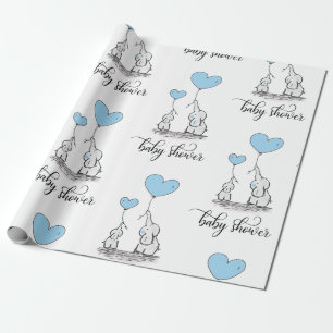Elephant Mummy & Baby Shower Blue Grey White Boy Wrapping Paper