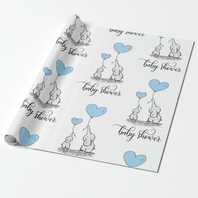 Elephant Mummy & Baby Shower Blue Grey White Boy Wrapping Paper (Unrolled)