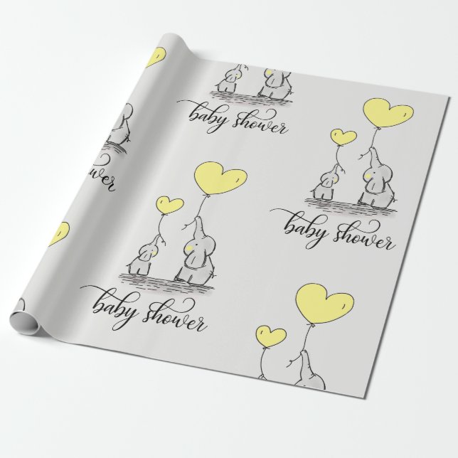Elephant Mummy & Baby Shower Grey Yellow Wrapping Paper (Unrolled)