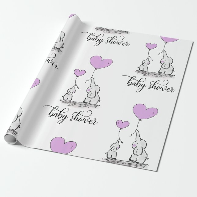 Elephant Mummy & Baby Shower Lavender Purple Wrapping Paper (Unrolled)