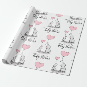 Elephant Mummy & Baby Shower Pink Grey White Girl Wrapping Paper