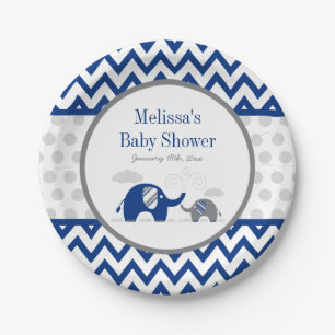 Elephant Navy Blue Grey Baby Shower Paper Plate