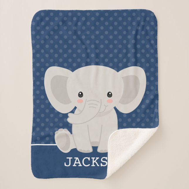 Elephant Navy Blue Polka Dot Personalised Boy Sherpa Blanket (Front)