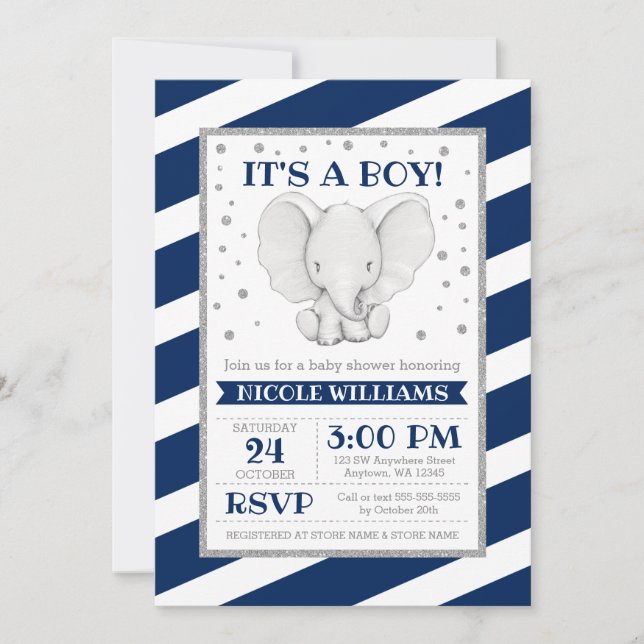 Elephant Navy Stripes Boy Baby Shower Invitations (Front)