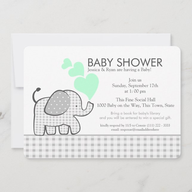 Elephant Neutral Mint and Grey Gingham Baby Shower Invitation (Front)