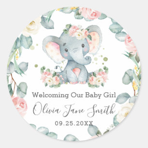Elephant New Baby Pink Ivory Floral Greenery Favou Classic Round Sticker