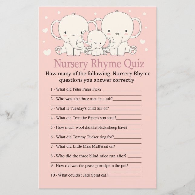 Elephant Nursery Rhyme Quiz baby shower game (Front)