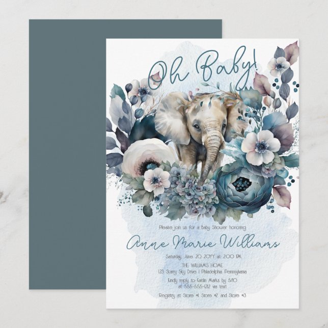 Elephant Oh Baby Blue Floral Baby Shower Invitation (Front/Back)