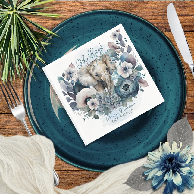 Elephant Oh Boy Blue Floral Baby Shower Napkin (Creator Uploaded)