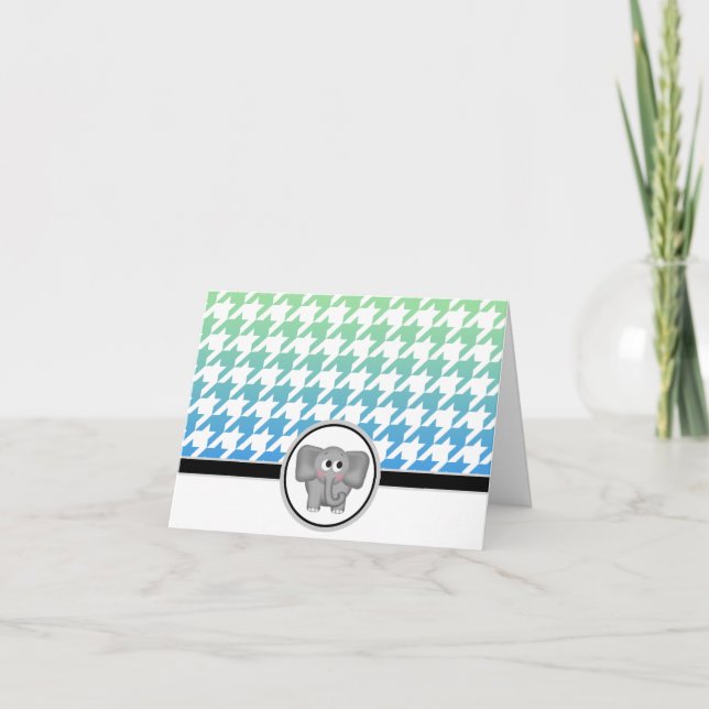 Elephant Ombre Green Blue Houndstooth Cards (Front)
