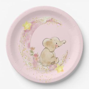 Elephant on a Moon On Pink Paper Plate