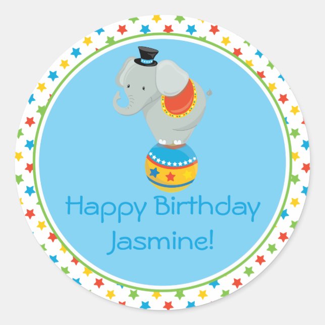 Elephant on Ball | Circus Theme | Personalised Classic Round Sticker (Front)