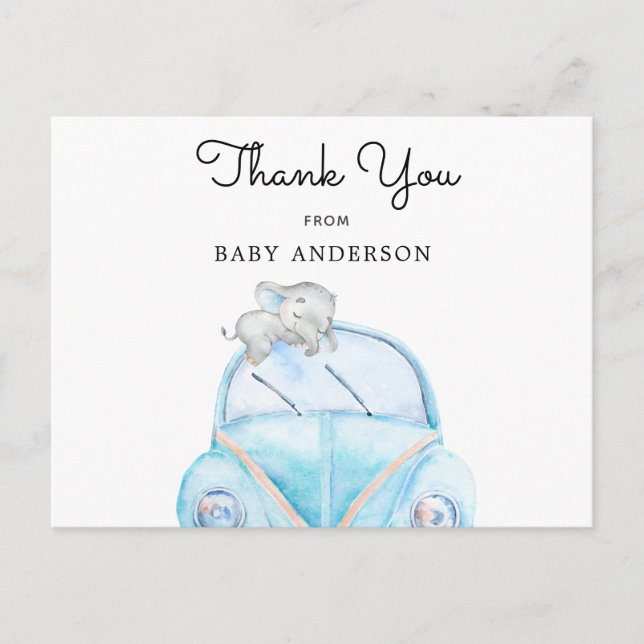 Elephant on Blue Car Drive By Shower Thank You Postcard (Front)