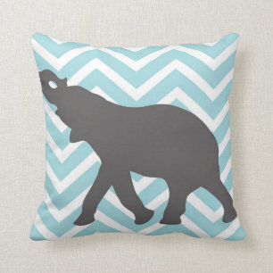 Elephant on Chevron Zigzag - Aqua Blue and White Cushion