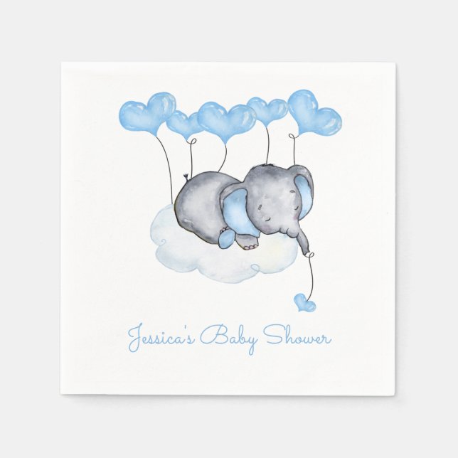 Elephant on Cloud Blue Balloons Boy Baby Shower Napkin (Front)