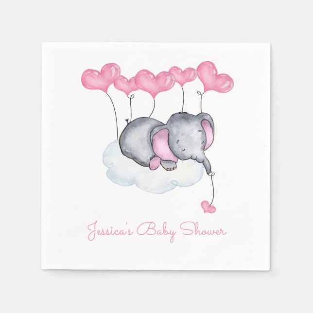 Elephant on Cloud Pink Balloons Girl Baby Shower Napkin (Front)