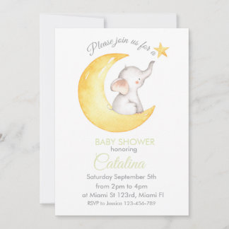Elephant on Moon Baby Shower Invitation