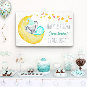 Elephant on Moon Little Boys Birthday Party Banner