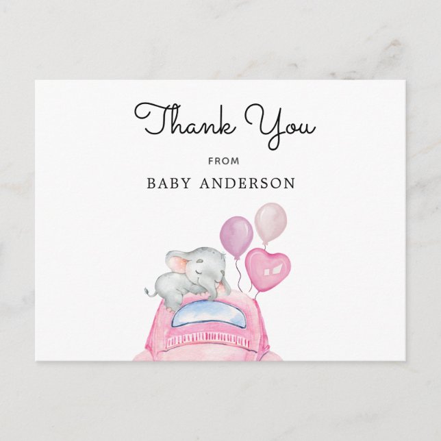 Elephant on Pink Car Drive By Baby Shower Postcard (Front)