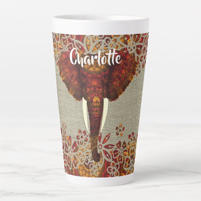 Elephant Ornate Rustic Colours Personalised Latte Mug (Front)