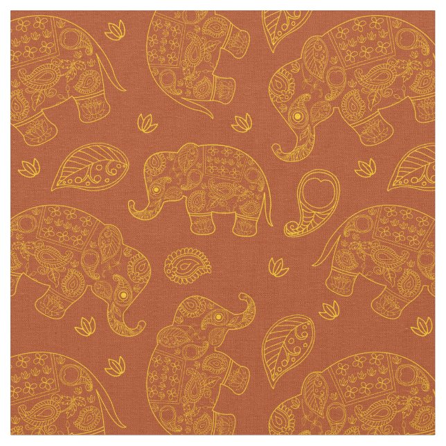 Elephant Paisley Pattern in Gold and Brown Fabric (Close Up)