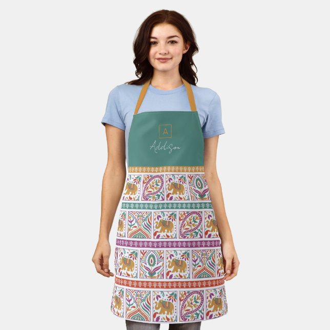 Elephant Paisley Print Personalised Monogram Apron (Worn)